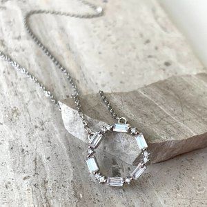Crystal Clear Baguette circle pendant Necklace — Silver (NWT)